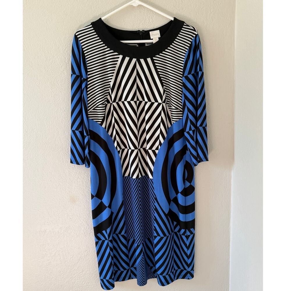 Women's Chico's Long Black White Blue Geometric Boho Hippie Design Dress Sz L